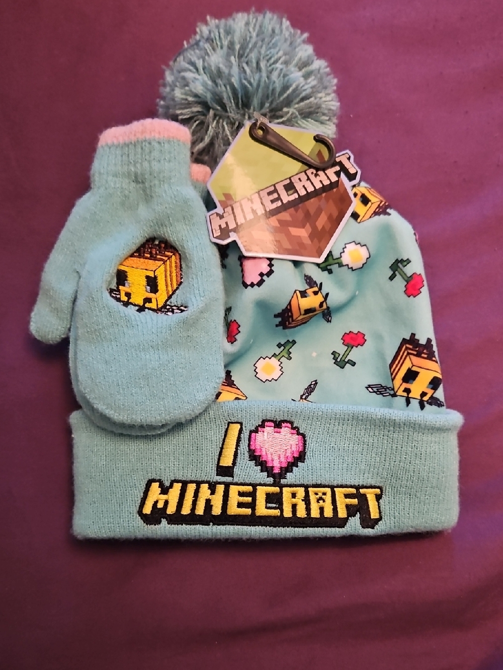 MAD Engine Light Teal Minecraft Pom Beanie & Mittens Set